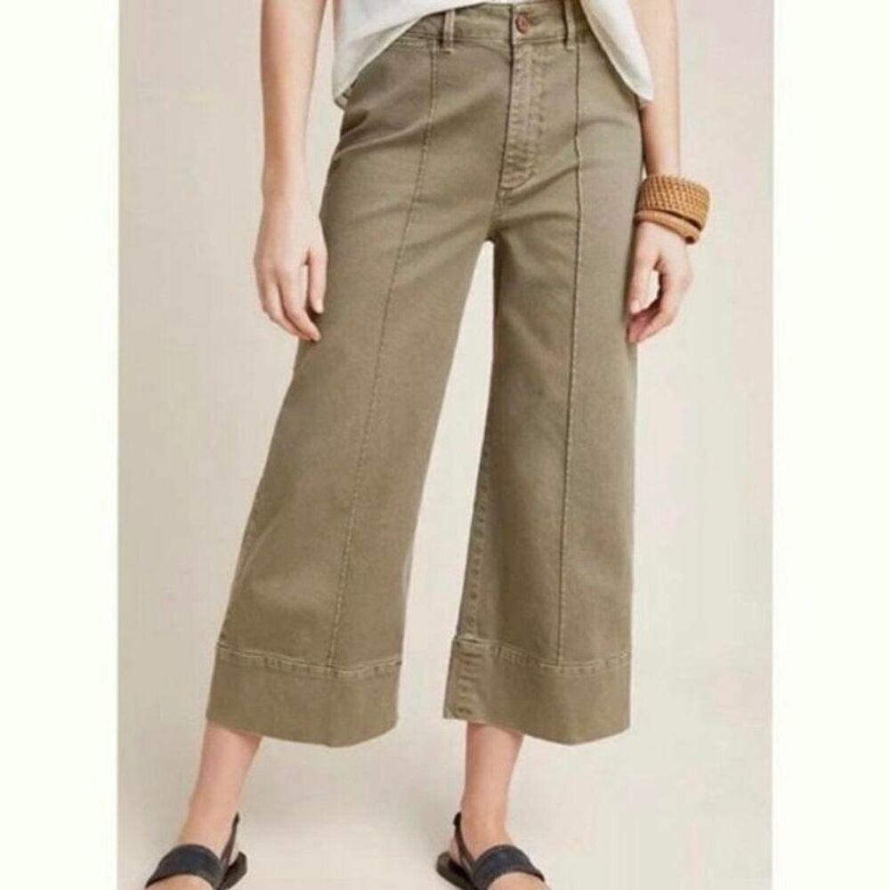 ✨ANTHROPOLOGIE Pintucked Olive Green Chino Wide Leg Cropped Sz 2 Pants✨